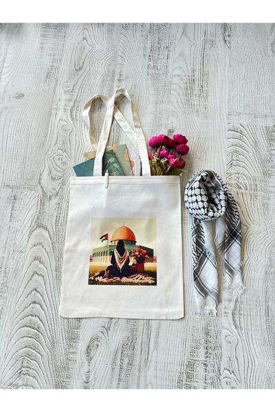 hicazavm Kudüs filistin bayrağı keffiye temalı ham pamuk bez çanta 35x40cm