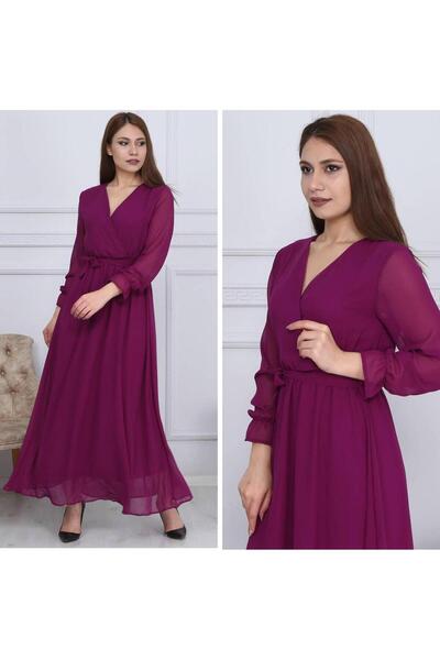 Apple Cix فستان نسائي من الشيفون العادي بياقة مزدوجة الصدر وتفاصيل من التول