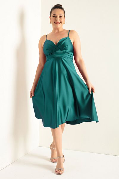Lafaba Emerald Green Satin Midi - Plus Size Evening Dress with Rope Strap and Waist Belt