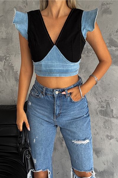 FEMELLE Bluză Neagră De Jeans Crop - Femei, Fermoar La Spate