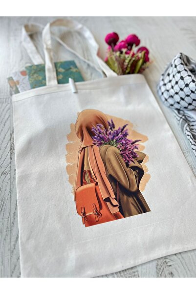 hicazavm Lavanta kadın figürlü ham bez pamuk çanta 35x40cm