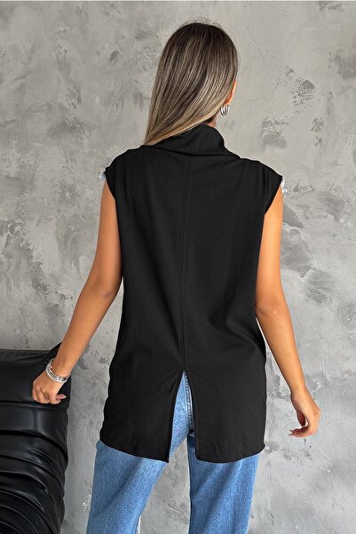 FEMELLE Синій довгий джинсовий жилет на блискавці з подвійними кишенями та тканинною деталлю