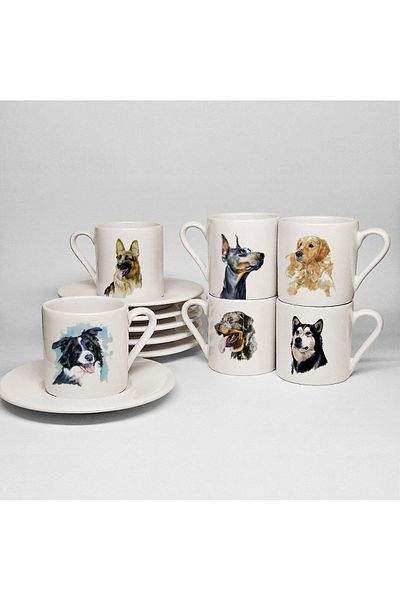 UADAC Dogs Themed Printed Porcelain Set of 6 Turkish Coffee Cups