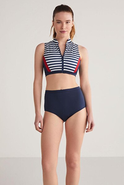 Kom Surfe ÇİZGİLİ FERMUARLI YÜKSEK BEL BİKİNİ TAKIMI