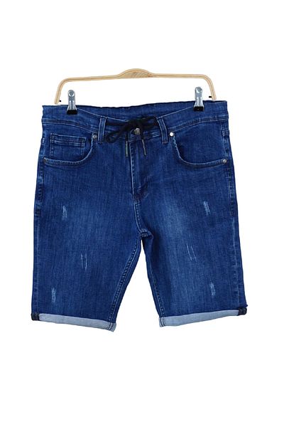DYNAMO Flexible Lycra Blue Slim Fit Denim Shorts - Drawstring Waist and Belt, Laser Nails