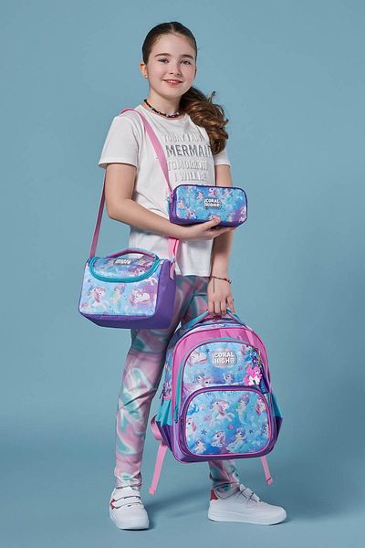Coral High Geantă de școală sirenă din 3 piese cu model unicorn roz violet - SET 0123657