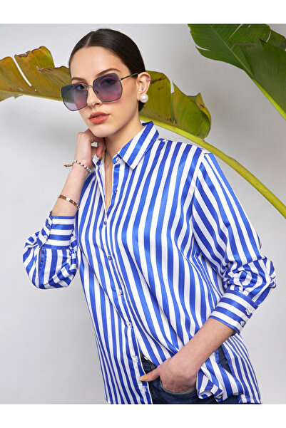 Sassafras By Styli Striped Satin Shirt with Long Sleeves