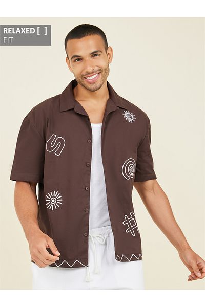 Styli Premium Cotton Slub Camp Collar Embroidered  Relaxed Shirt