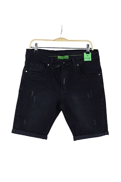 DYNAMO Black Slim Fit Laser Cut Denim Shorts - String Waist and Belt, Flexible Lycra