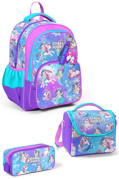 Coral High Geantă de școală sirenă din 3 piese cu model unicorn roz violet - SET 0123657