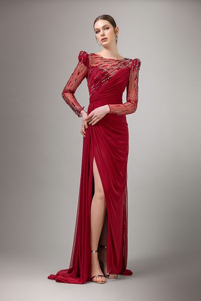 Kenzel Sheer Sleeve Slit Embroidered Long Dress