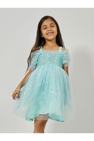 Styli Sequined Cold Shoulder Sleeves Mesh Dress