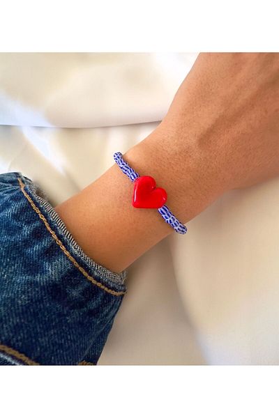 Atelier Çağla Murano Red Glass - Heart Patterned Blue and White Striped Bracelet