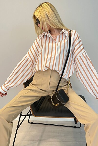 Madmext Mad Girls Kahverengi Çizgili Gömlek Mg1383