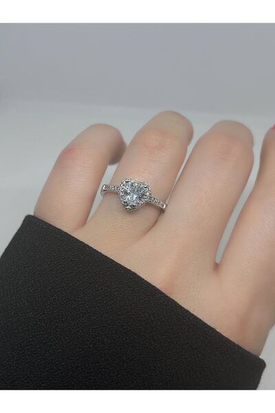 Pyar Çelik Beyaz Kalpli Zirkon Tek Taş Ayarlanabilir Kadın Yüzük Ciddi İlişki...