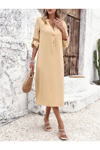 DY By Styli Half Placket Roll-Up Sleeves Midi Dress