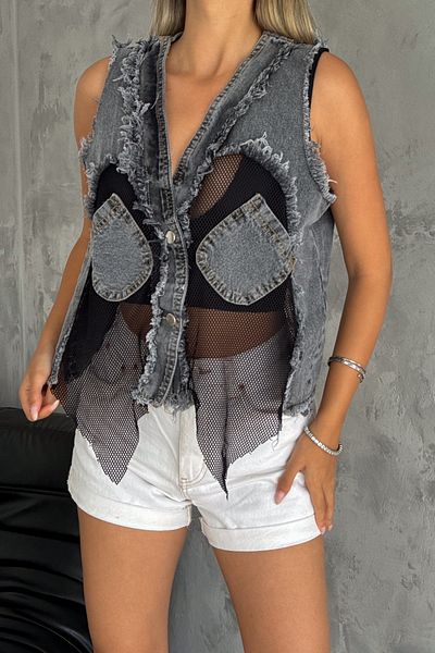 FEMELLE Anthracite Women's Denim Vest - Pockets and Mesh Detail