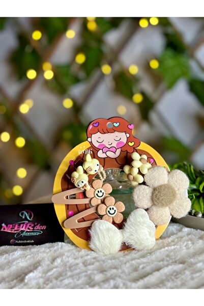 NEHİRDEN Cream Brown Tone Children's Plush Snap Rubber Buckle Set