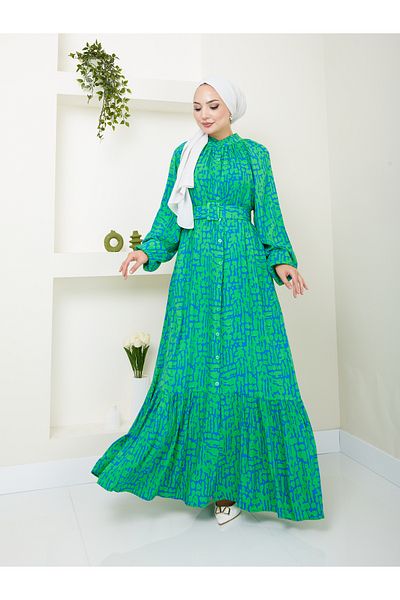 VOLT CLOTHİNG فستان حجاب منقوش - نسائي، ياقة قاضية، حزام خصر