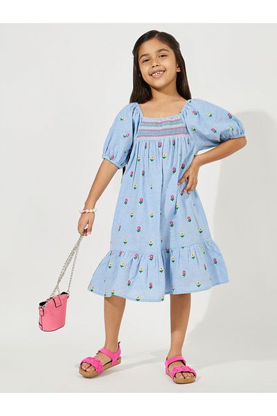 Styli Embroidered Detail A-Line Dress with Puff Sleeve