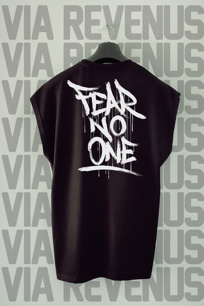 Vordevia Tricou sport negru Fear No One imprimat pe spate - Mâneci zero