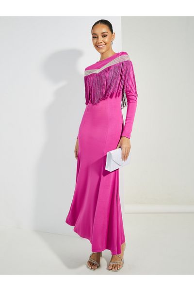 Styli Embellished Long Sleeves Mermaid Maxi Dress with Tassels