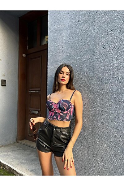 Cansoy Navy Blue Bra Set with Printed Corset(677)