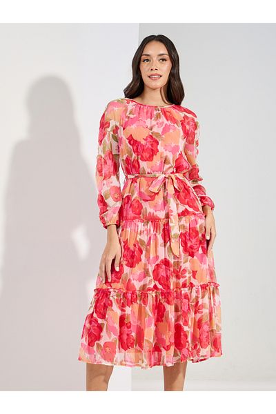 Styli Floral Tiered Midi Dress with Tie Belt