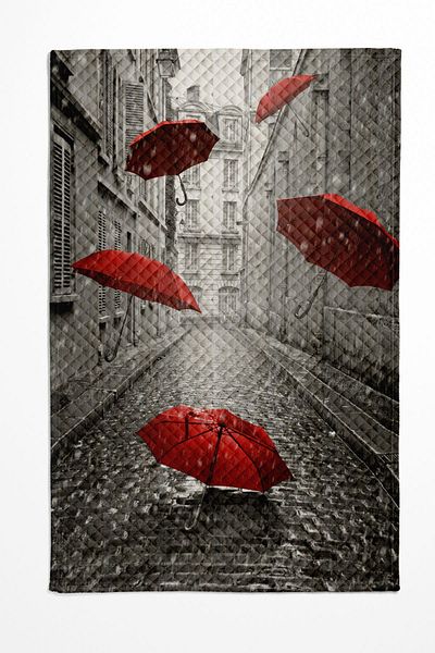 Else Halı Gray and Red Umbrella Pattern - Printed Single Pillowed Pique Set
