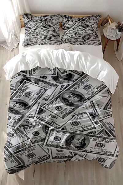 Else Halı Para Dolar Desenli Baskılı Pamuk Saten Çift Kişilik Nevresim Takımı