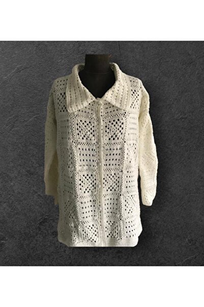 DESEO BOUTIQUE Kadın Krem Renk Iki Farklı Motif Ile Tasarlanan El Emeği Göz Nuru Örgü Ceket