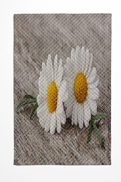 Else Halı Sarı Gri Papatya  Desenli Baskılı Dekoratif Yatak Örtüsü Tek Kişilik Yastıklı Pike Takımı