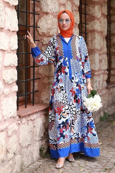 Bestenur Leray Flower Patterned Hijab Dress 569 - Indigo