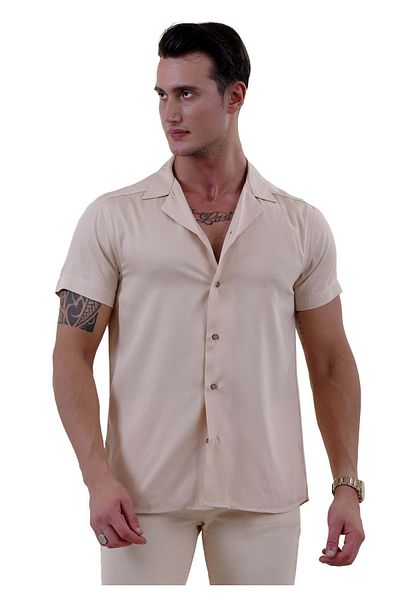 Exve Exclusive Μπεζ Viscose Breathable - Χαβάης κοντομάνικο καλοκαιρινό πουκάμισο, άνετη εφαρμογή