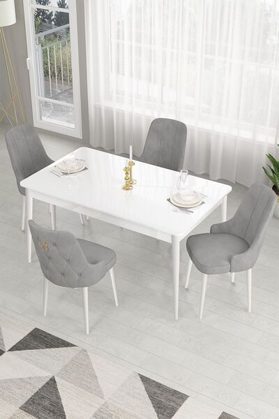 Canisa Lav Serisi 80x130 Sabit Beyaz Masa Takımı Ve Gold Halka 4 Gri Sandalye