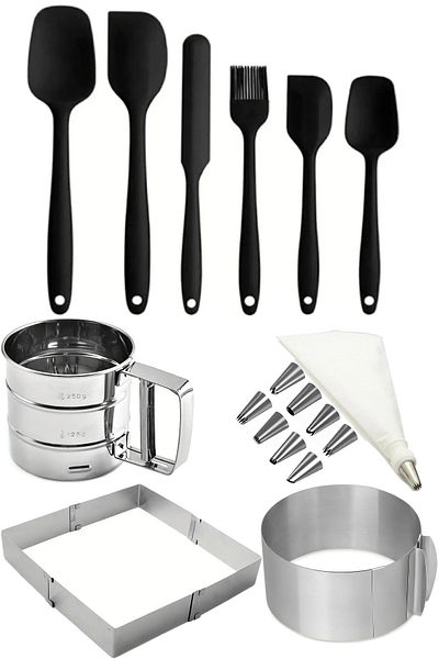Trouvaille 10 Piece Cake Set - Adjustable Round and Square Silicone Spatula and Cream Bag