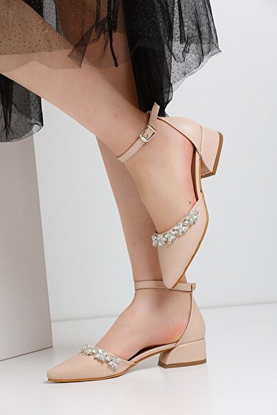 FORS SHOES Women's Nude Beige Skin Stripe Stone Detailed Evening Dress Shoes 3.5 Cm