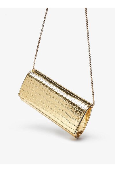 Celeste Textured Clutch with Metallic Chain Strap and Snap Button Closure