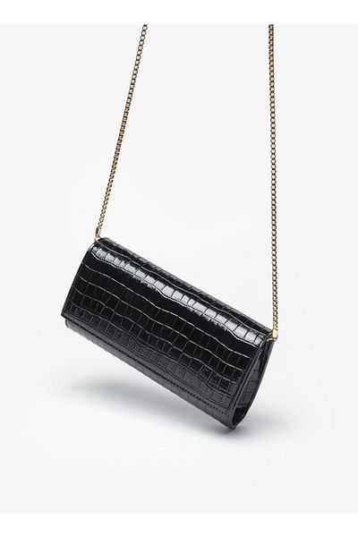 Celeste Textured Clutch with Metallic Chain Strap and Snap Button Closure