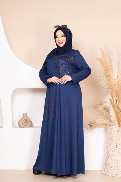 Tuğralı Navy Blue Large Size Hijab Dress