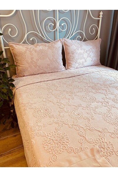 Decamor home Nakış Detaylı Pudra Pembe Yatak Örtüsü Seti Çift Kişilik Pike Takımı