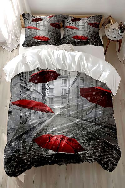 Else Halı Gray-Red Umbrella Pattern - Printed Cotton Satin Double Duvet Cover Set