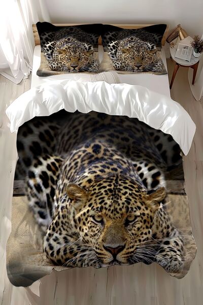 Else Halı Leopar Desenli Baskılı Pamuk Saten Çift Kişilik Nevresim Takımı