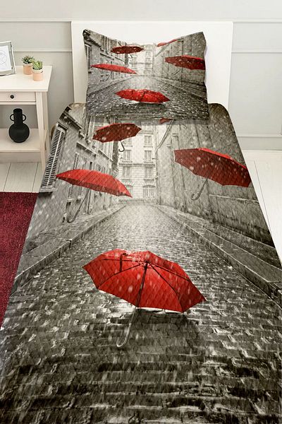 Else Halı Gray and Red Umbrella Pattern - Printed Single Pillowed Pique Set
