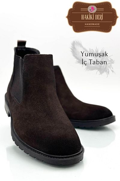 Moda Lalin Men's Boots - Genuine Leather, Non-Slip Sole, Reversible Elastic, Brown Nubuck