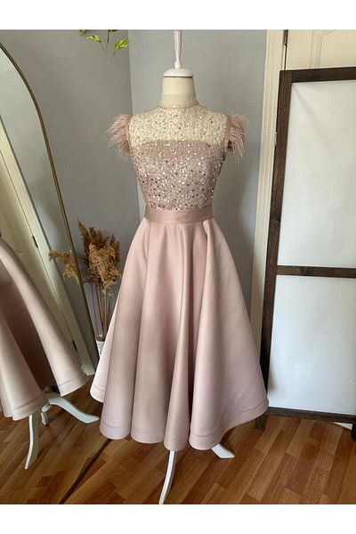 SEDABULBULTASARİM Powder Pink Color Sleeves Feather Lace Transparent Strapless Midi Length Flared Skirt Evening Dress