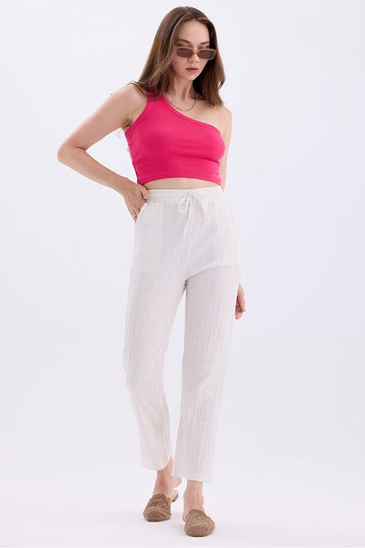 MD trend High Waist Muslin Women's Trousers - Lace-up and Waist Elastic