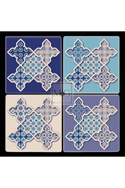 Uv Baskılı Doğal Taş Bardak Altı Mavi Çini Desenli  10  X 10 Cm