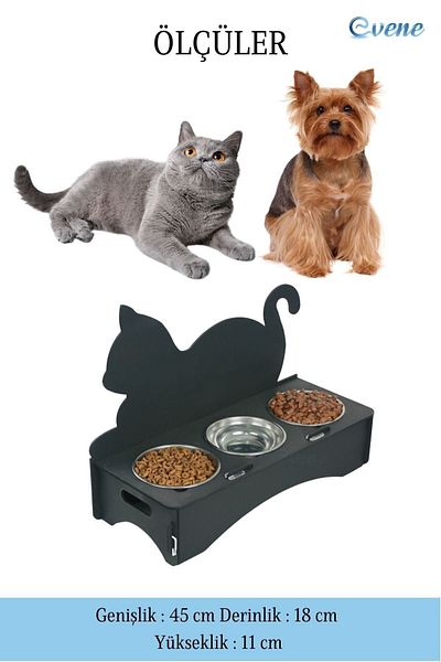 Evene Food Water Bowl Stainless Steel Rhinestone 3-Piece Wooden Cat and Dog Water Bowl with Cat Backrest Model