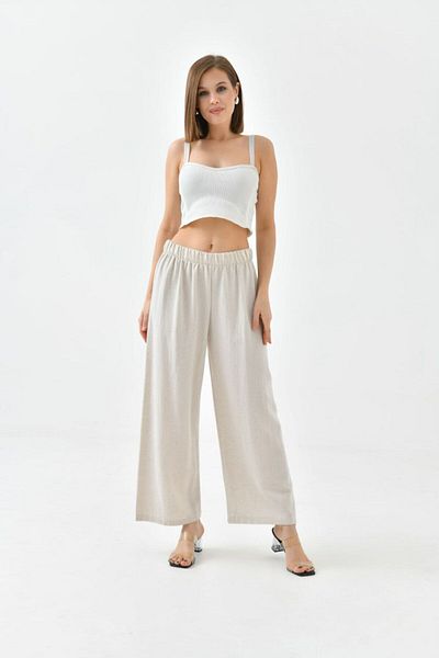 MVStore Women's Elastic Waist Wide Leg Comfortable Fit Linen Trousers